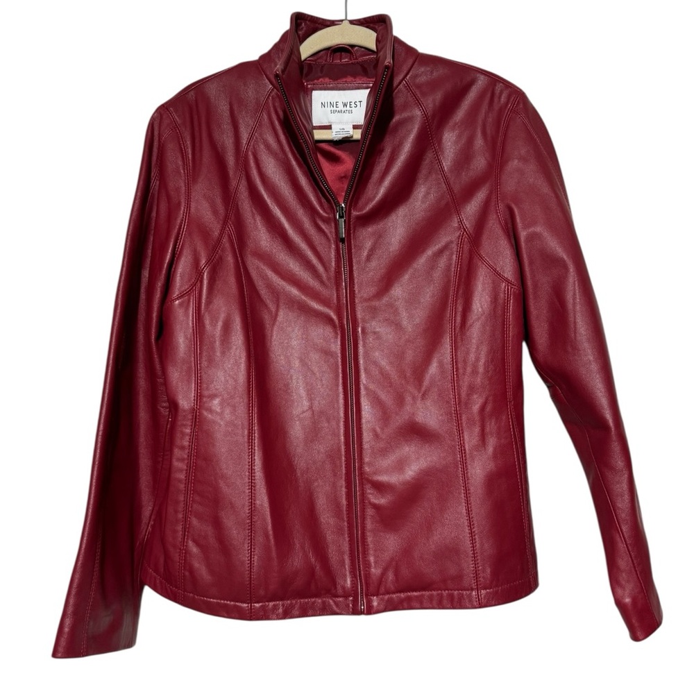 Nine West Red Leather Jacket Women Size L Full Zip‎ Mobwife Classic Tall Chic